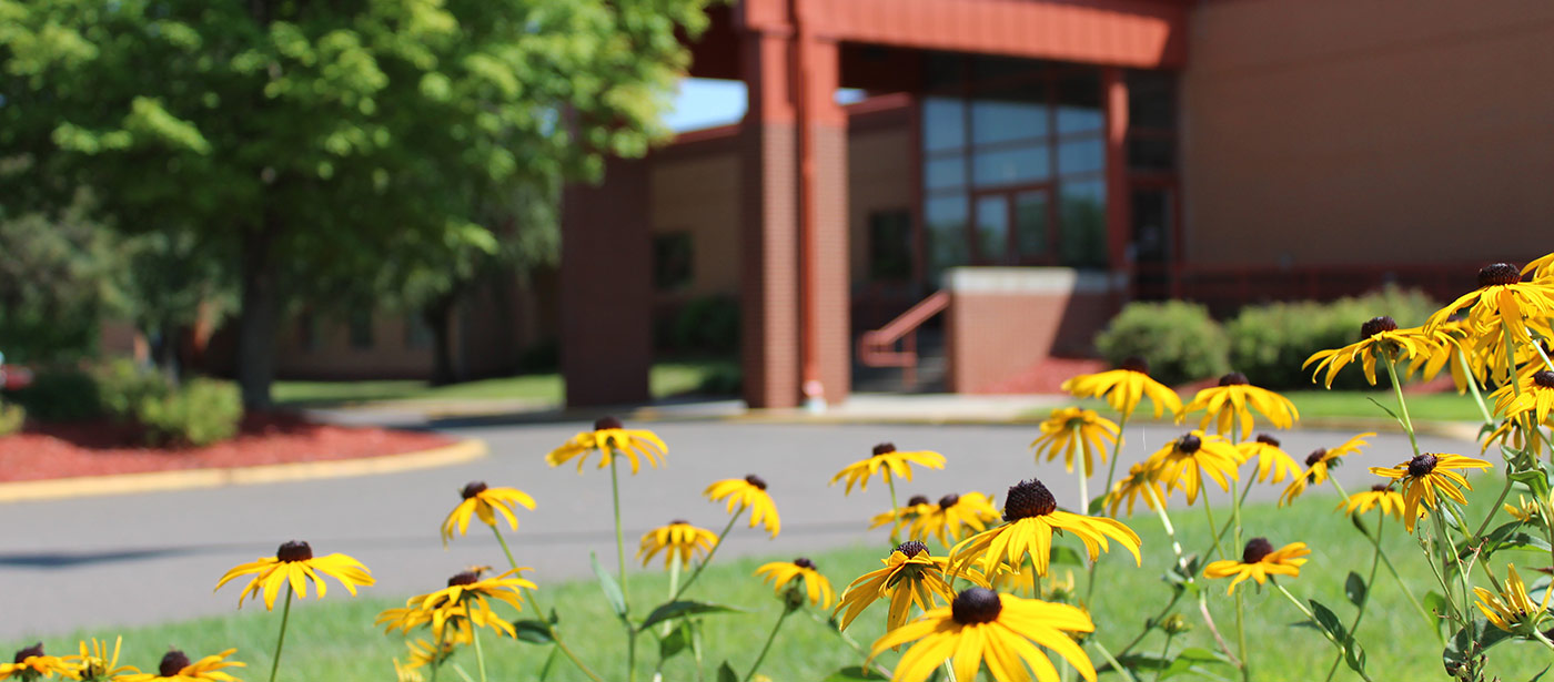 Flowers outside Pine Technical and Community College